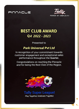 Tally Pinnacle Best Club Award certificate, Q4 2022-23