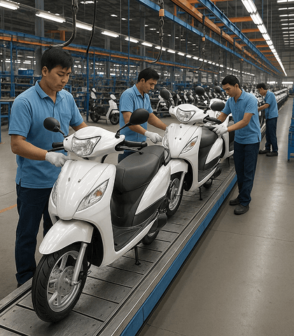 Workers assembling scooters on a factory production line