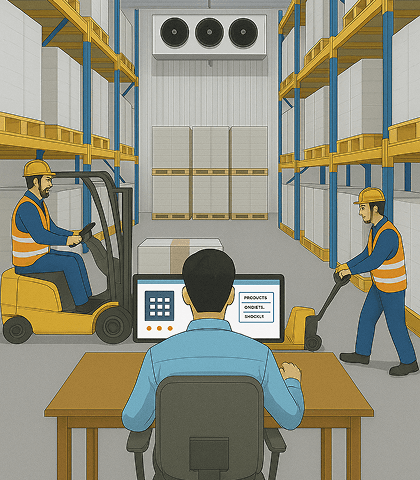 Cold storage warehouse with a forklift and an inventory computer
