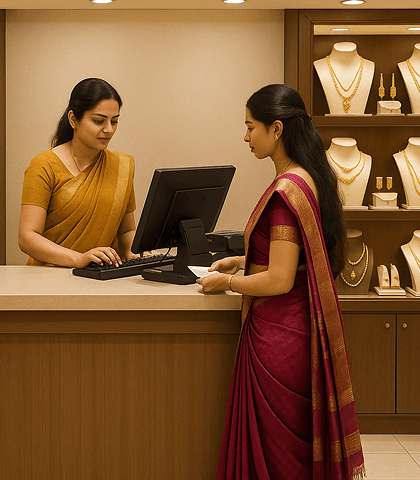 Jewellery store staff serving a customer at the billing counter