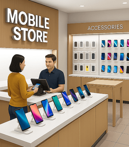 Mobile store counter with smartphones on display