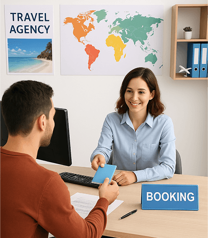 Travel agent handing a booking to a customer at the desk