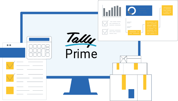 TallyPrime on a desktop monitor with a calculator, reports, a checklist and stock boxes