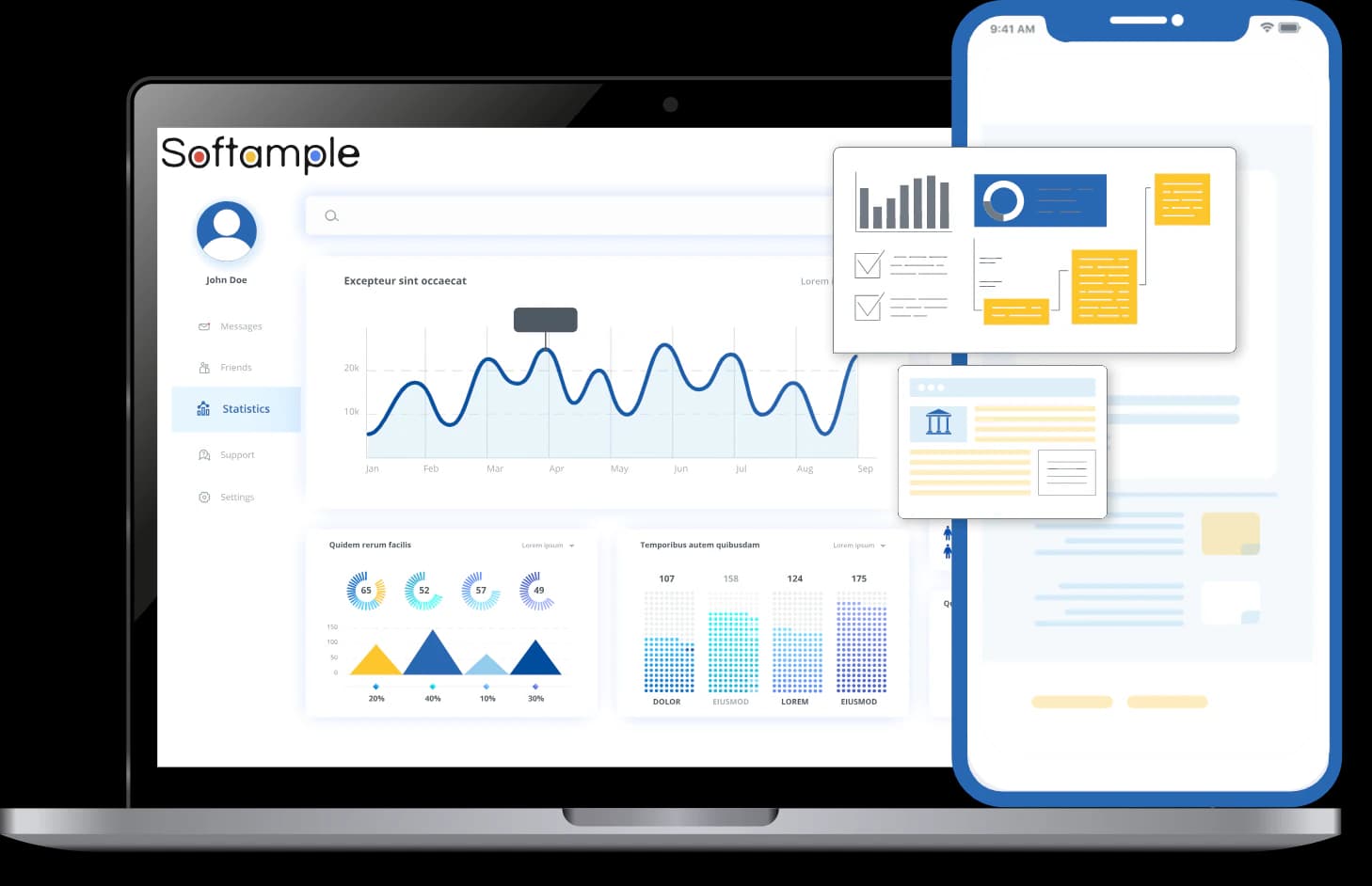 Laptop and phone showing a business dashboard with charts and reports