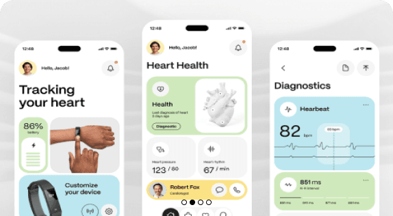 Health tracking app screens showing heart rate and diagnostics