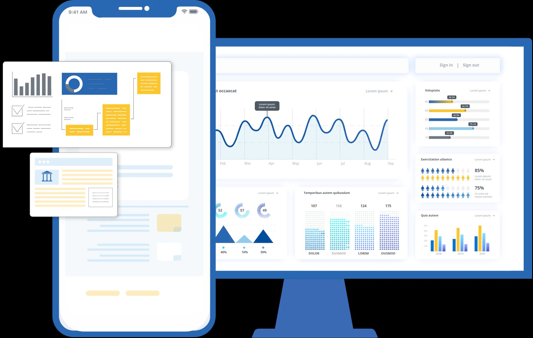Mobile app and desktop web dashboard showing business reports and charts