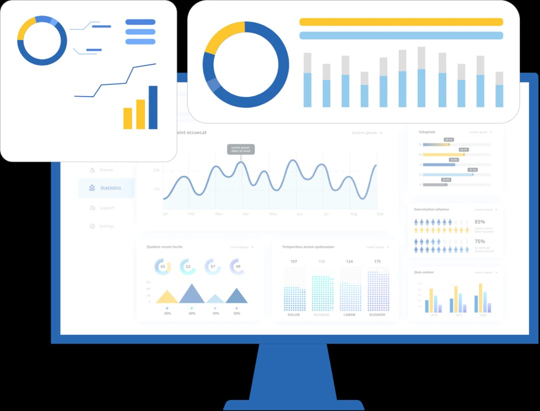 Business analytics dashboard with charts and graphs on a desktop monitor